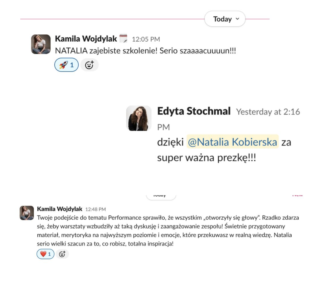 Slack messages from a client team after an in-house performance marketing workshop