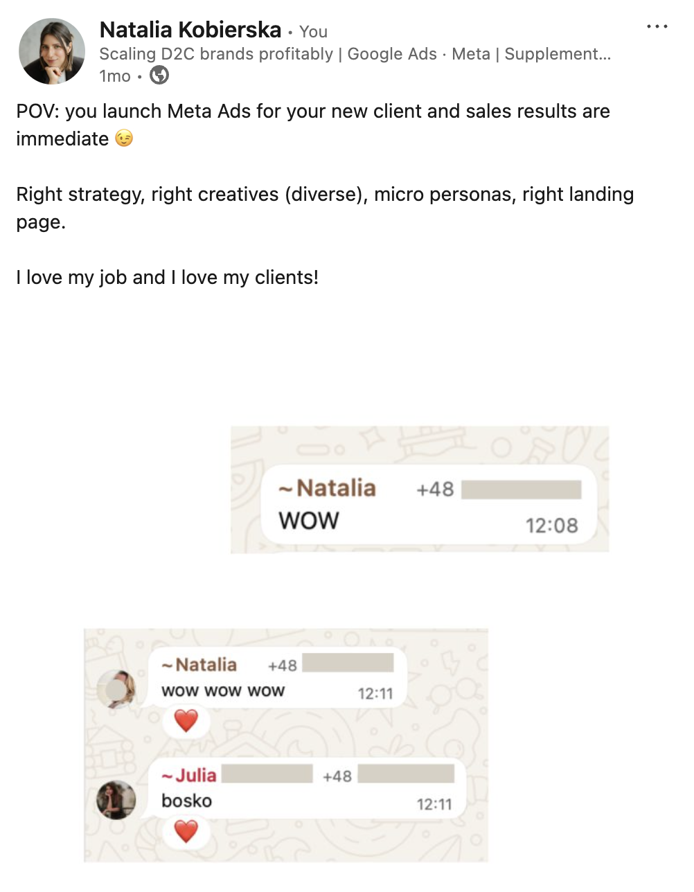 WhatsApp messages from a client reacting to first Meta Ads sales results